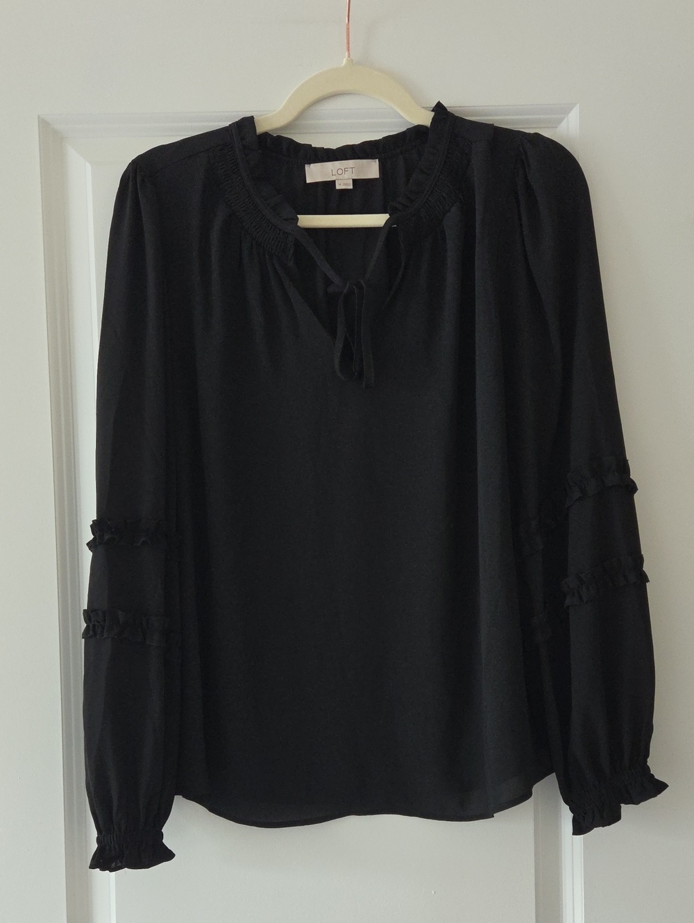 LOFT Black Ruffle Tie-Neck Long-Sleeve Blouse